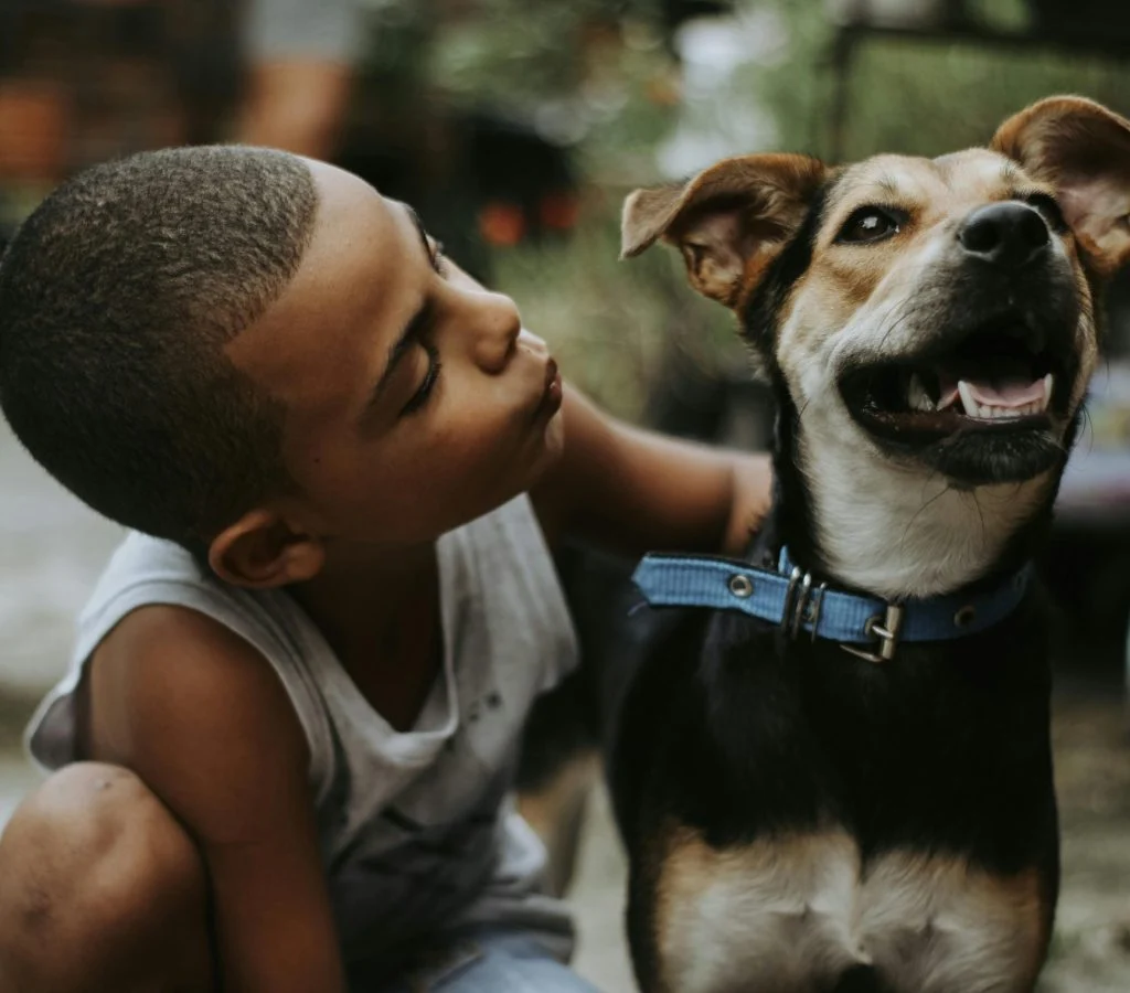 A happy family with a dog and cat