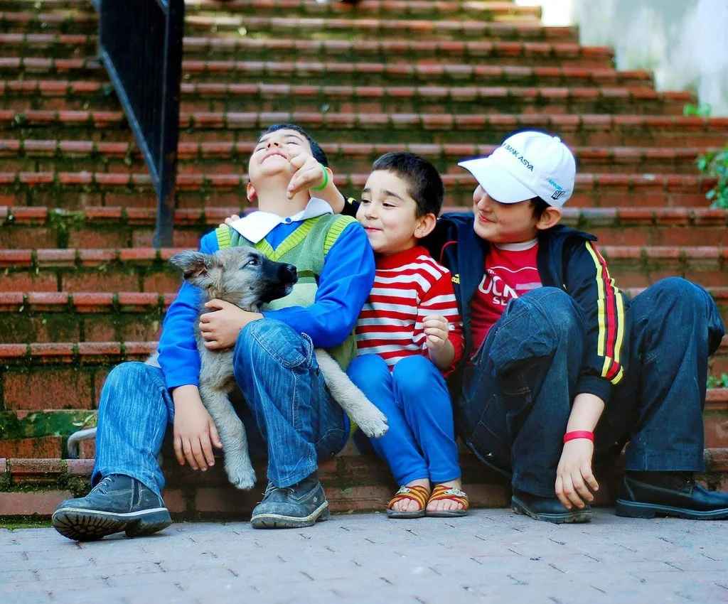 Children playing and caring for pets